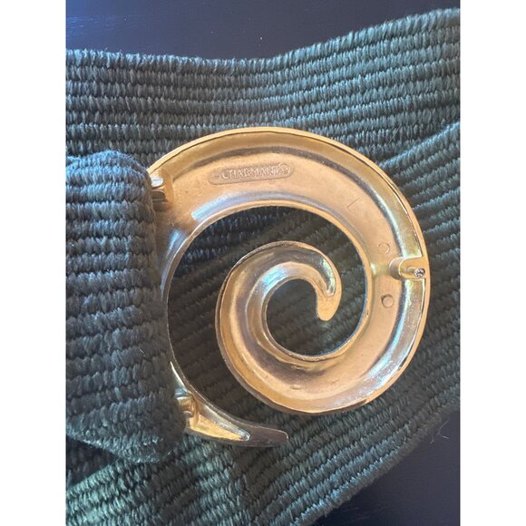 Vintage Charmant Gold Spiral Buckle Olive Green Ribbed Elastic Waist Belt - Picture 3 of 5